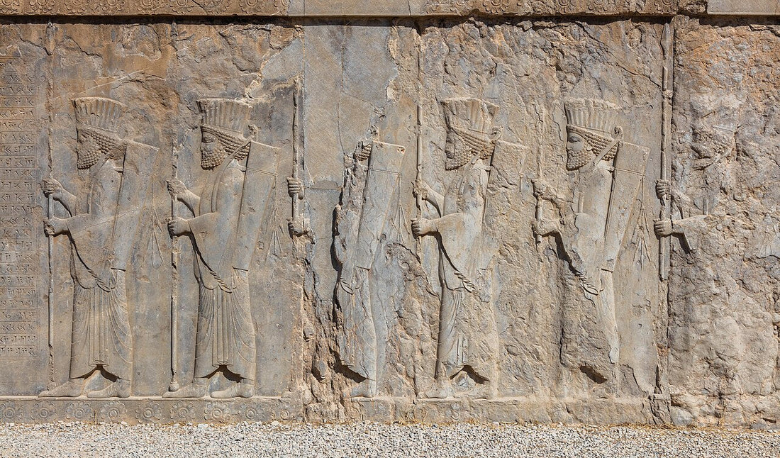 Achaemenid warrior reliefs on the southern staircase of the Tachara at Persepolis, Iran