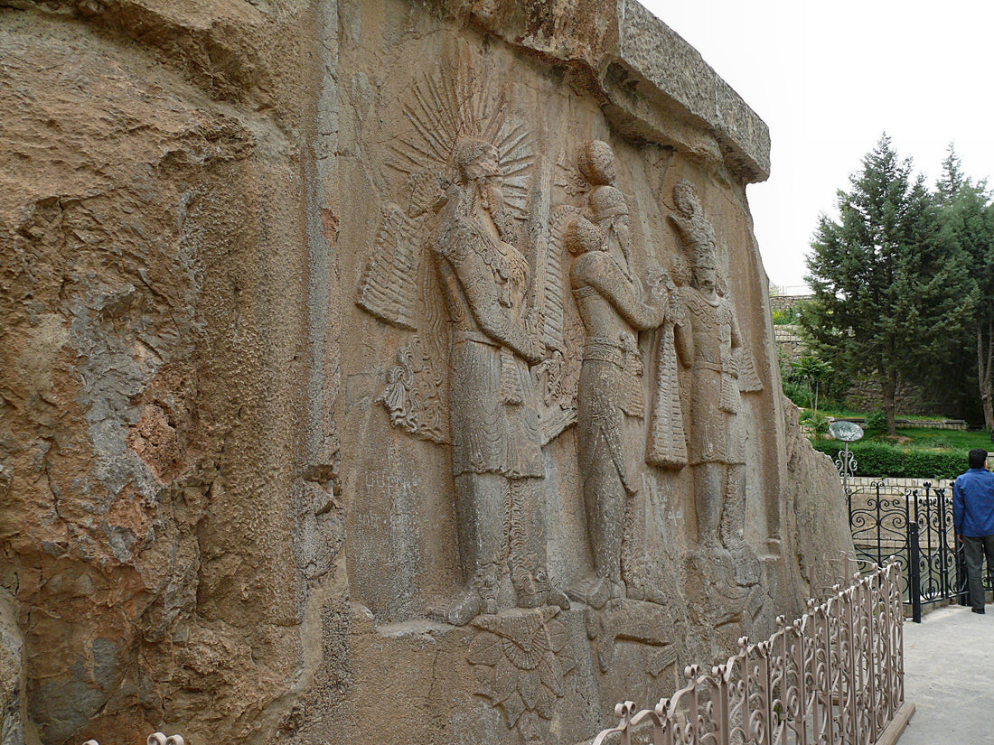 Sasanian investiture relief at Taq-e Bostan in Kermanshah, Iran, with Mithra standing at left