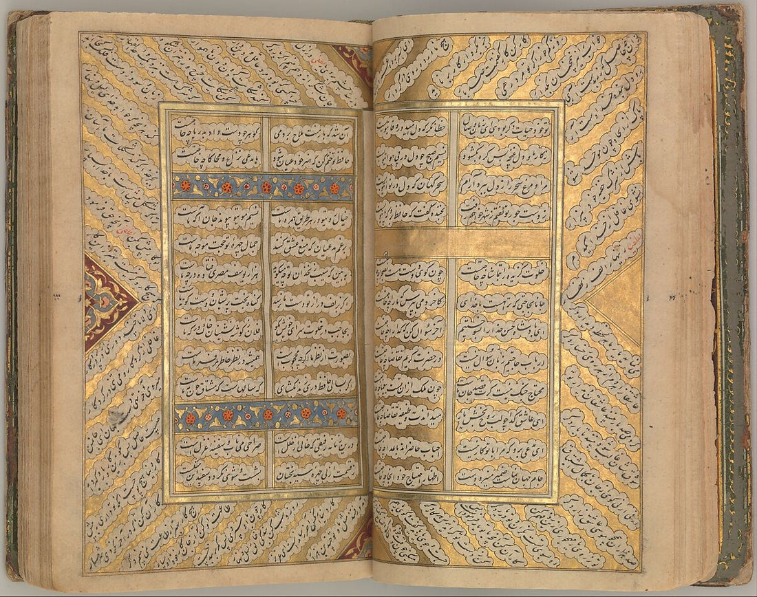 Open Persian poetry anthology with illuminated calligraphy, 17th-century Iran