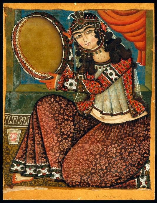 Qajar Iranian painting of a woman holding a daf, 19th century