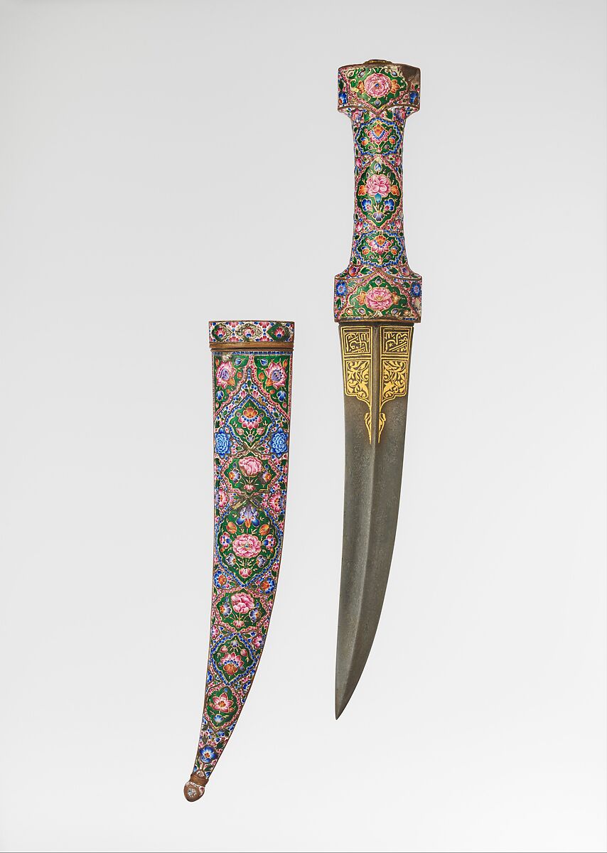 Qajar Iranian enamel dagger and sheath decorated with pink, blue, and white flowers