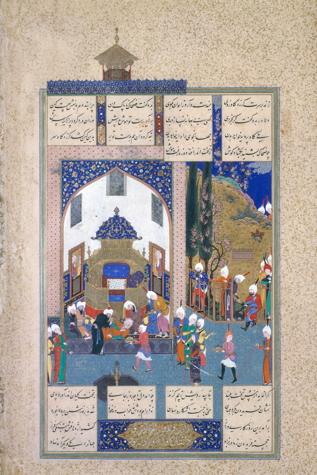 Zahhak faints as court wise men reveal that Fereydun will overthrow him in a Safavid Persian Shahnameh miniature