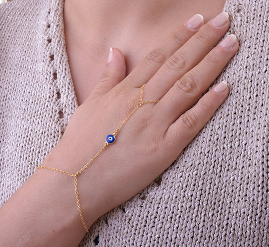 Gold Linked Evil Eye Hand Chain Bracelet