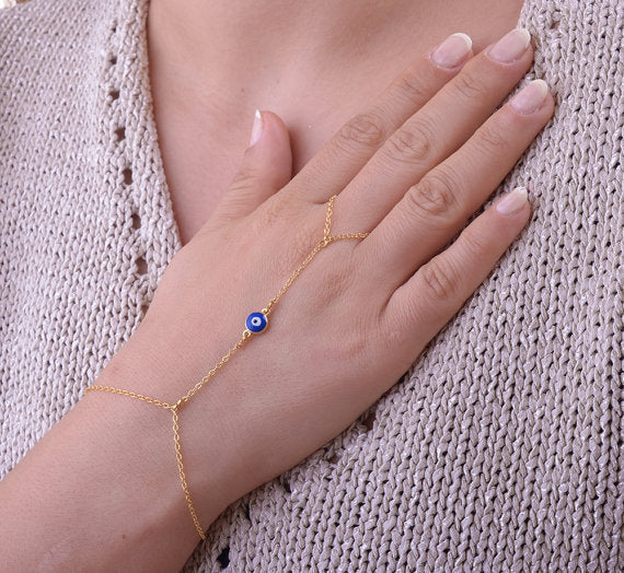Gold Linked Evil Eye Hand Chain Bracelet