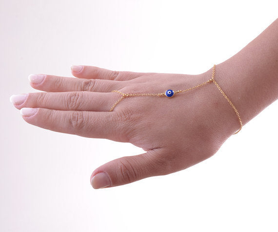 Gold Linked Evil Eye Hand Chain Bracelet