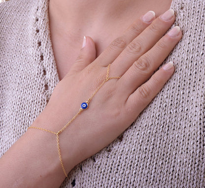 Gold Linked Evil Eye Hand Chain Bracelet
