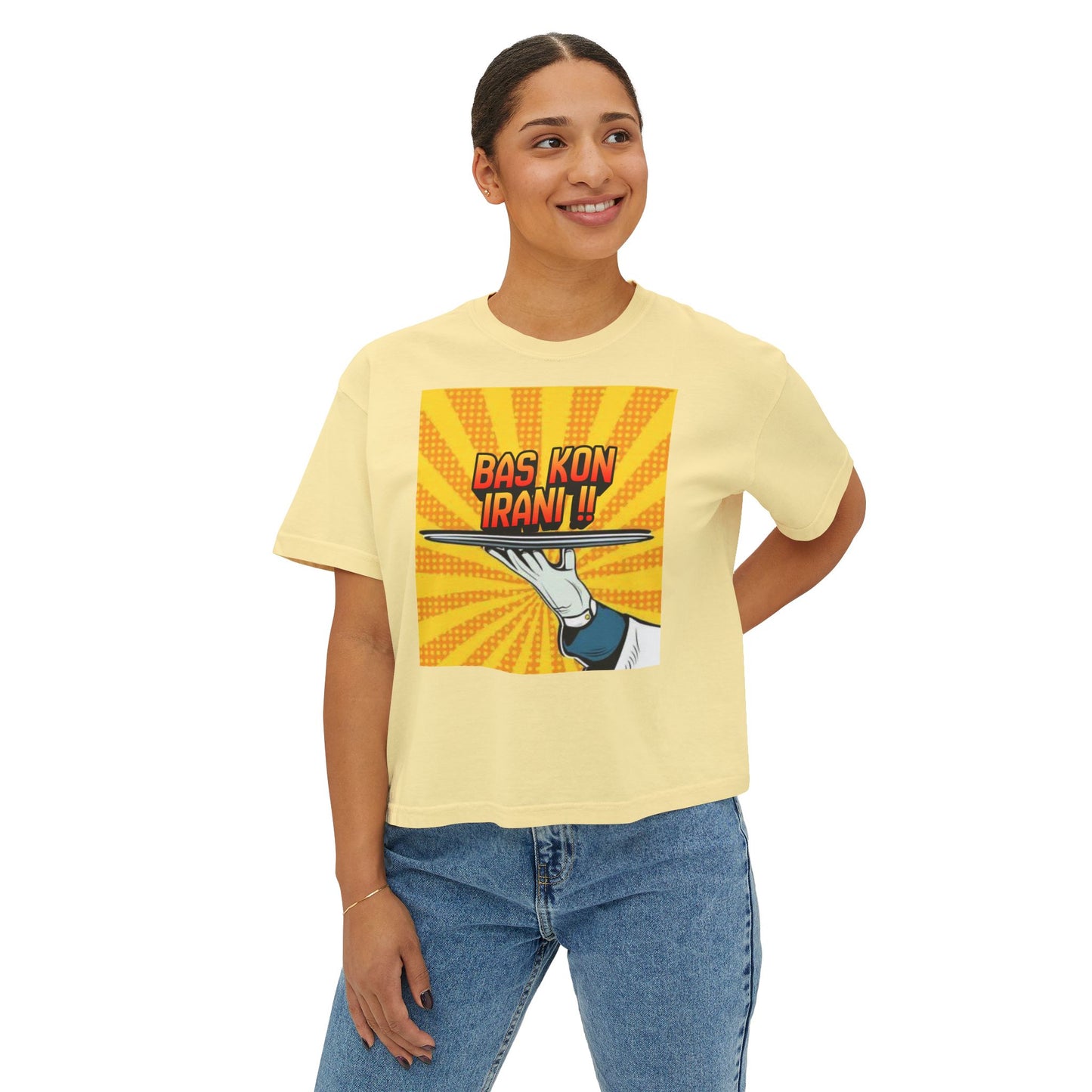 Bas Kon Iran !! / Bas Nakardi?! Graphic Women's Boxy Tee — Retro Pop Art Slogan Shirt