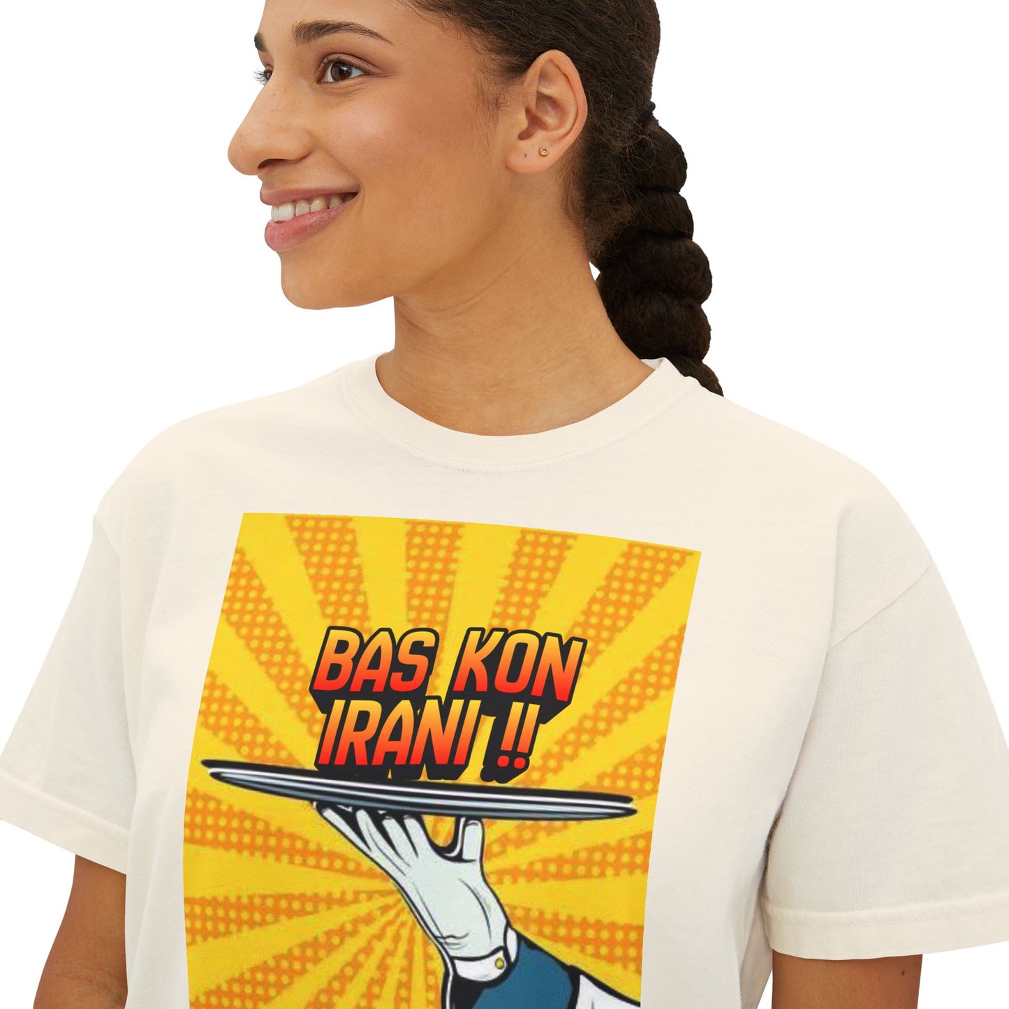 Bas Kon Iran !! / Bas Nakardi?! Graphic Women's Boxy Tee — Retro Pop Art Slogan Shirt