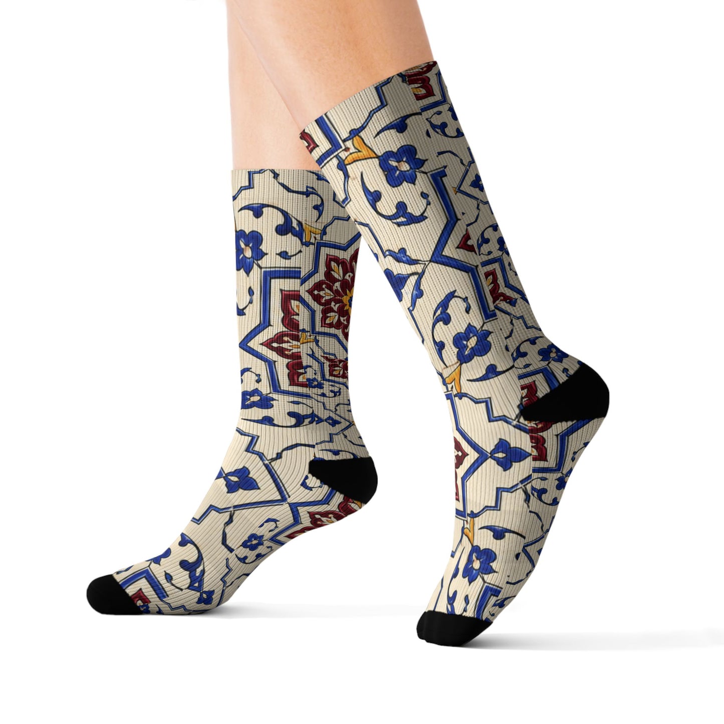 Persian Tile Pattern Crew Socks – Burgundy & Cobalt Iranian Art Socks