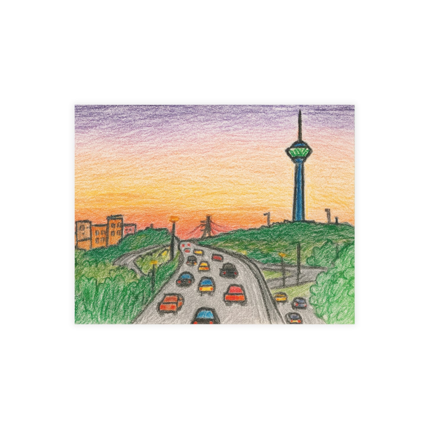 Tehran Sunset Postcard – Milad Tower Skyline (Crayon Style)