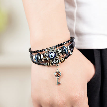 Layered Cowhide Evil Eye Leather Bracelet