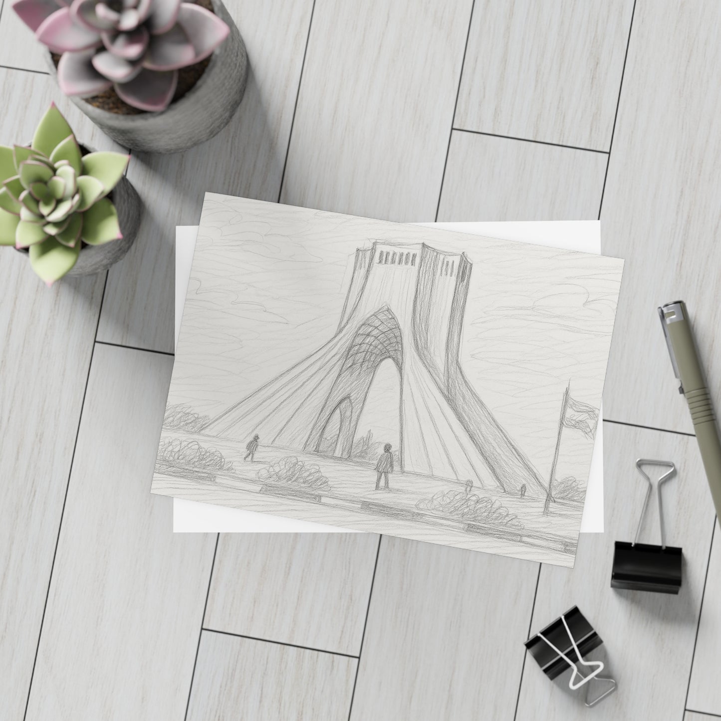 Azadi Tower Pencil Sketch Postcard Bundle with Envelopes