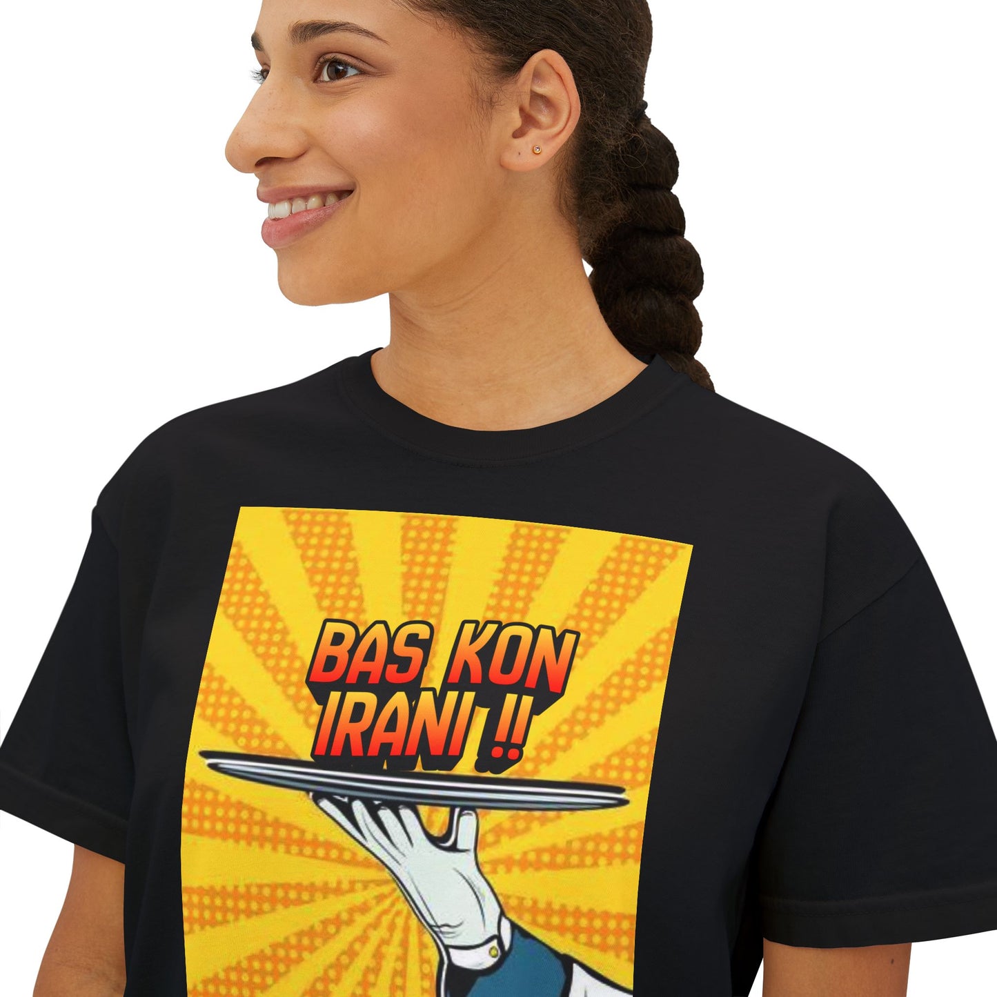 Bas Kon Iran !! / Bas Nakardi?! Graphic Women's Boxy Tee — Retro Pop Art Slogan Shirt