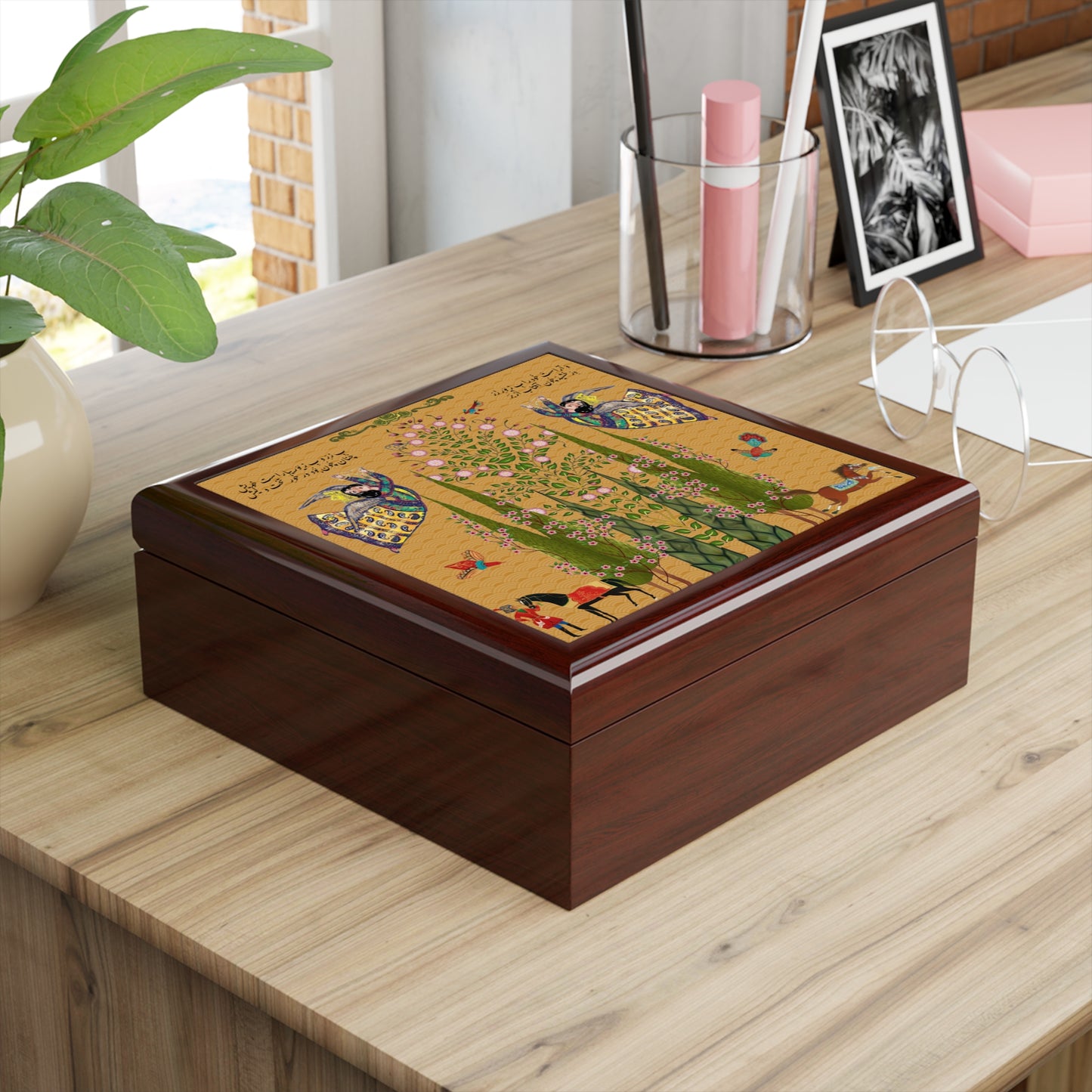 Persian Miniature Jewelry Box — Floral Cypress & Angel Motif