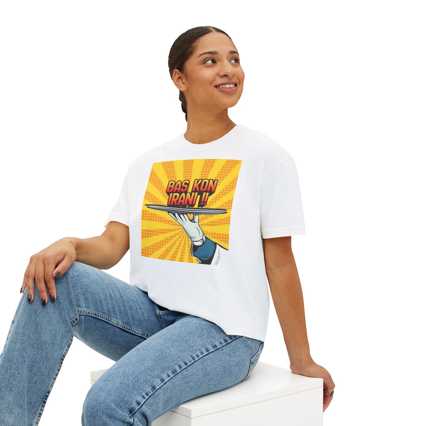 Bas Kon Iran !! / Bas Nakardi?! Graphic Women's Boxy Tee — Retro Pop Art Slogan Shirt