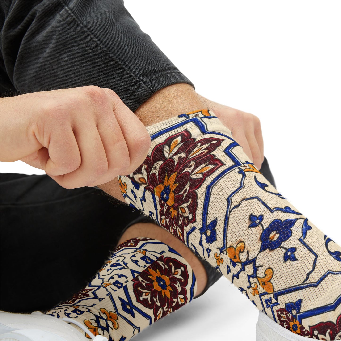 Persian Tile Pattern Crew Socks – Burgundy & Cobalt Iranian Art Socks