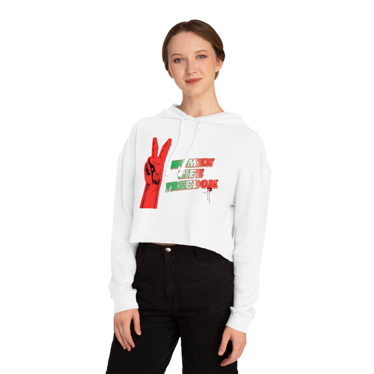 Cropped Hoodie — "Women, Life, Freedom" Peace Sign Feminist Crop Top