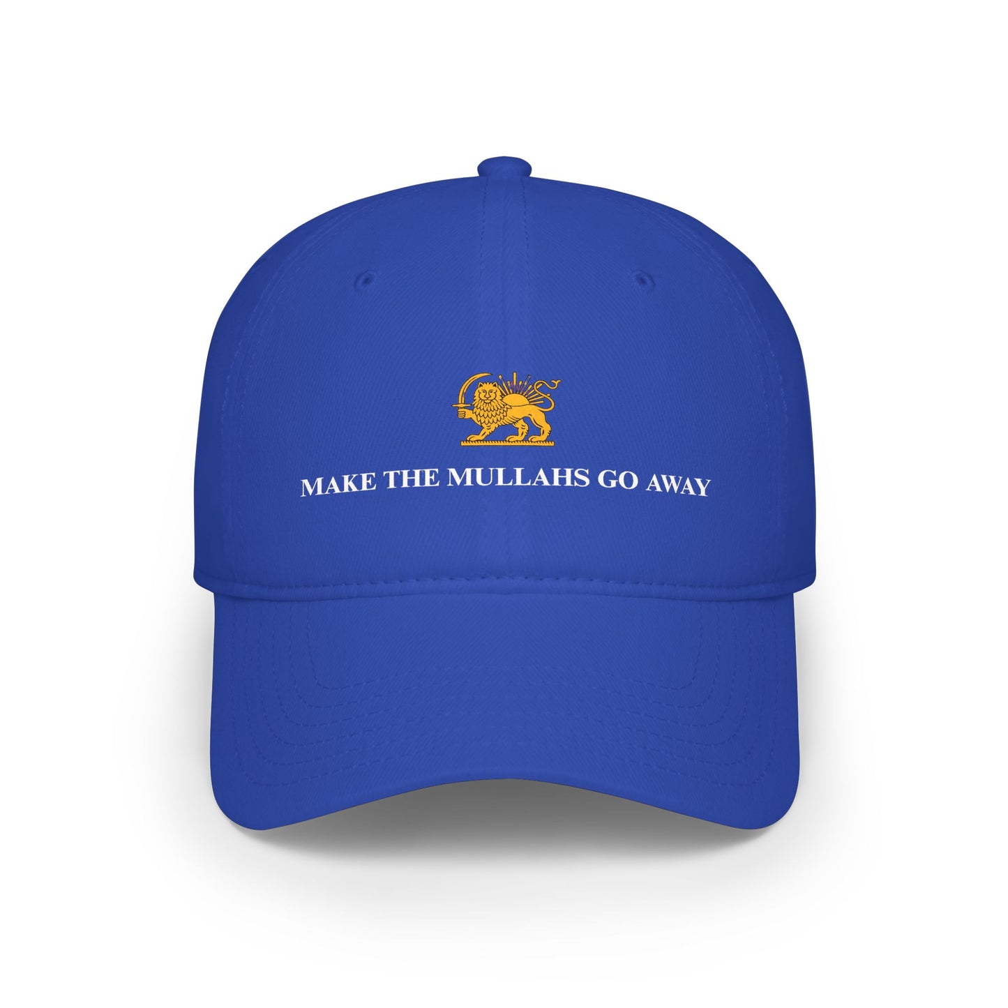 Green cap with gold lion emblem and text 'MAKE THE MULLAHS GO AWAY' on a white background