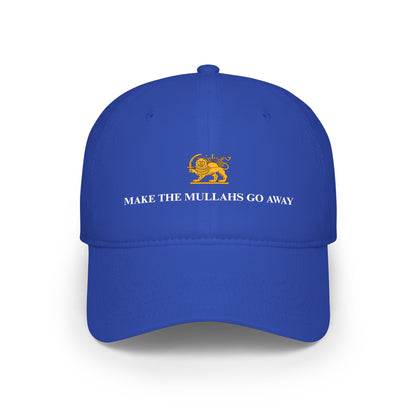 Green cap with gold lion emblem and text 'MAKE THE MULLAHS GO AWAY' on a white background