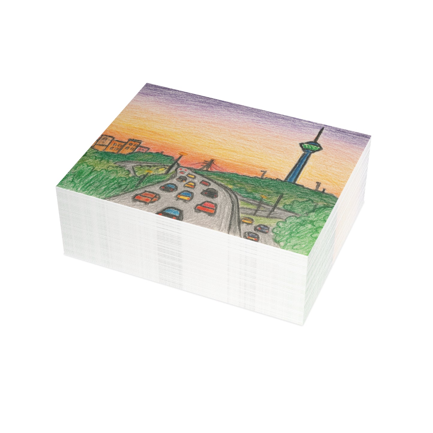 Tehran Sunset Postcard – Milad Tower Skyline (Crayon Style)