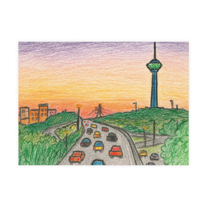 Tehran Sunset Postcard – Milad Tower Skyline (Crayon Style)