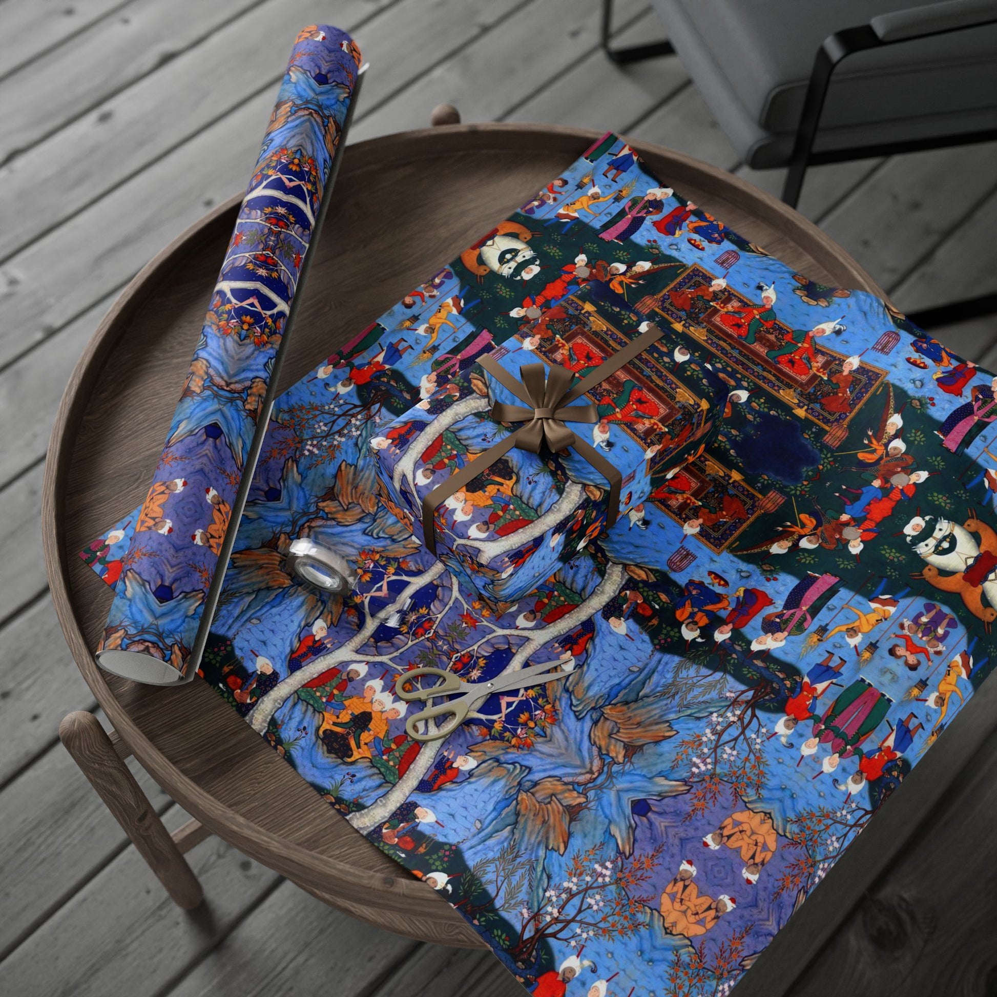 Colorful fabric with intricate patterns on a wooden surface