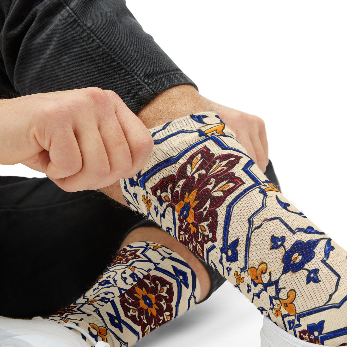 Persian Tile Pattern Crew Socks – Burgundy & Cobalt Iranian Art Socks