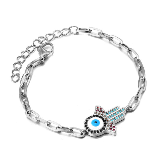 Stainless Steel Zircon Evil Eye Hamsa Bracelet