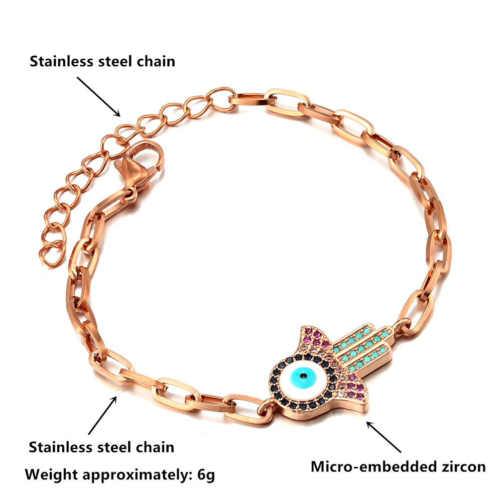 Stainless Steel Zircon Evil Eye Hamsa Bracelet
