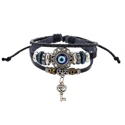 Layered Cowhide Evil Eye Leather Bracelet