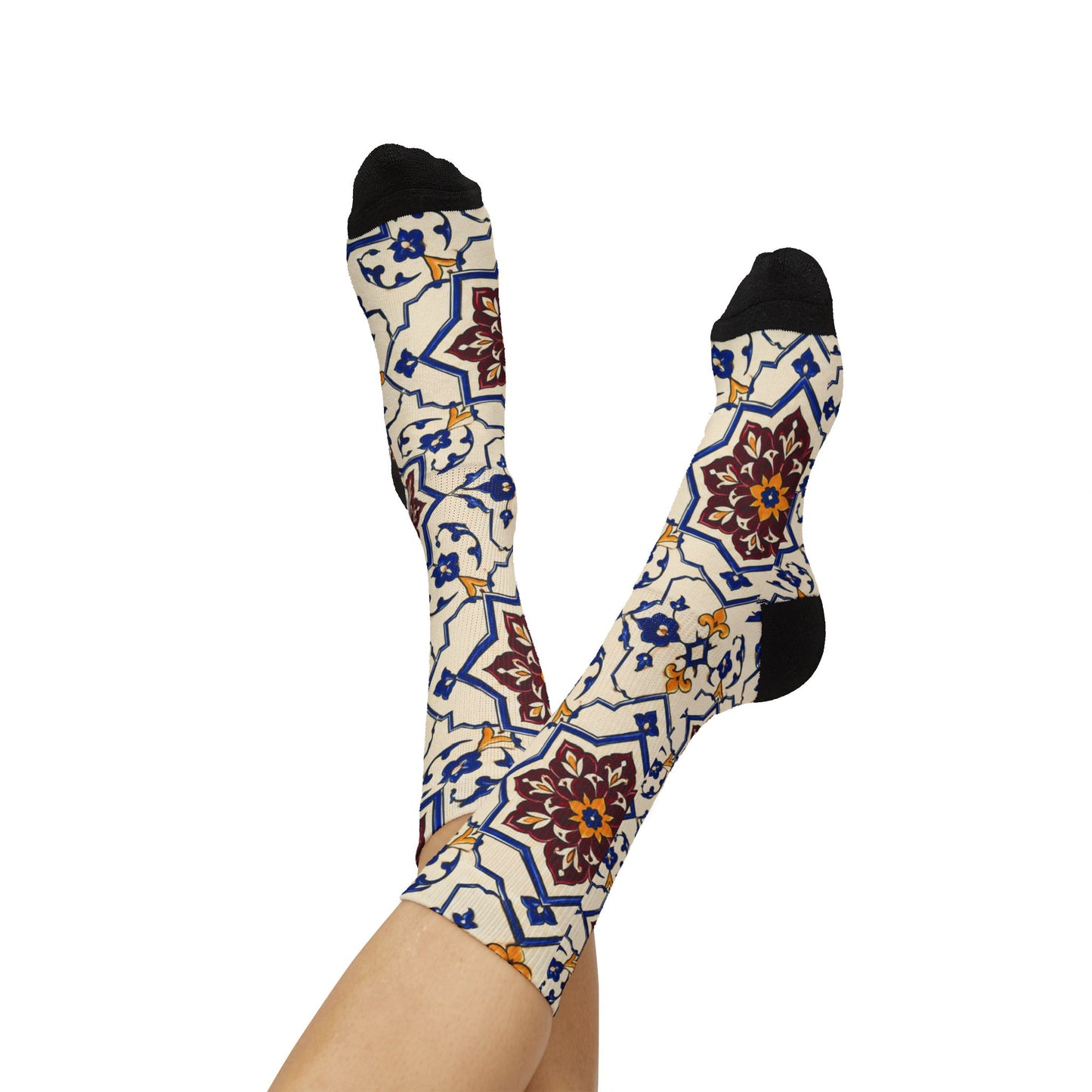Persian Tile Pattern Crew Socks – Burgundy & Cobalt Iranian Art Socks