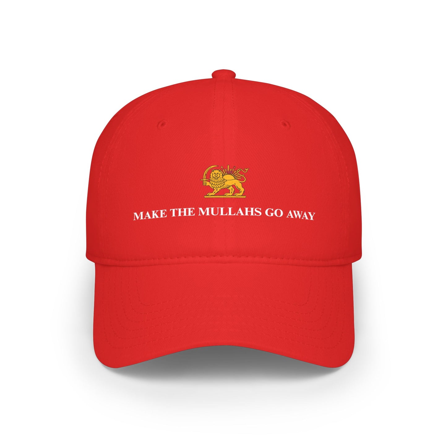 Red cap with gold emblem and text 'MAKE THE MULLAHS GO AWAY' on a white background