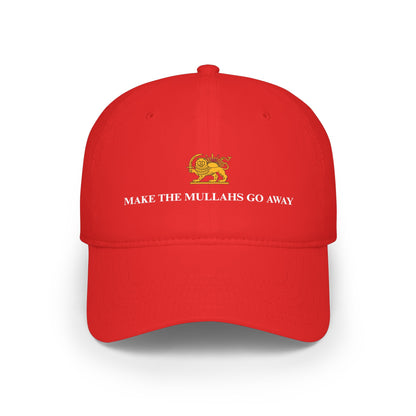 Red cap with gold emblem and text 'MAKE THE MULLAHS GO AWAY' on a white background