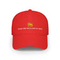 Red cap with gold emblem and text 'MAKE THE MULLAHS GO AWAY' on a white background