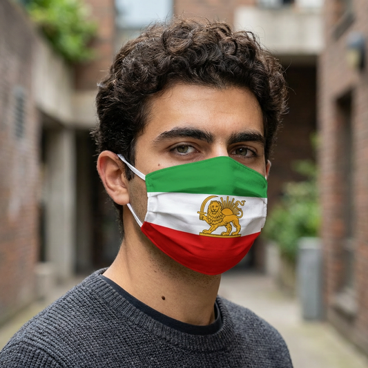 Person wearing a face mask with a flag design in an urban setting