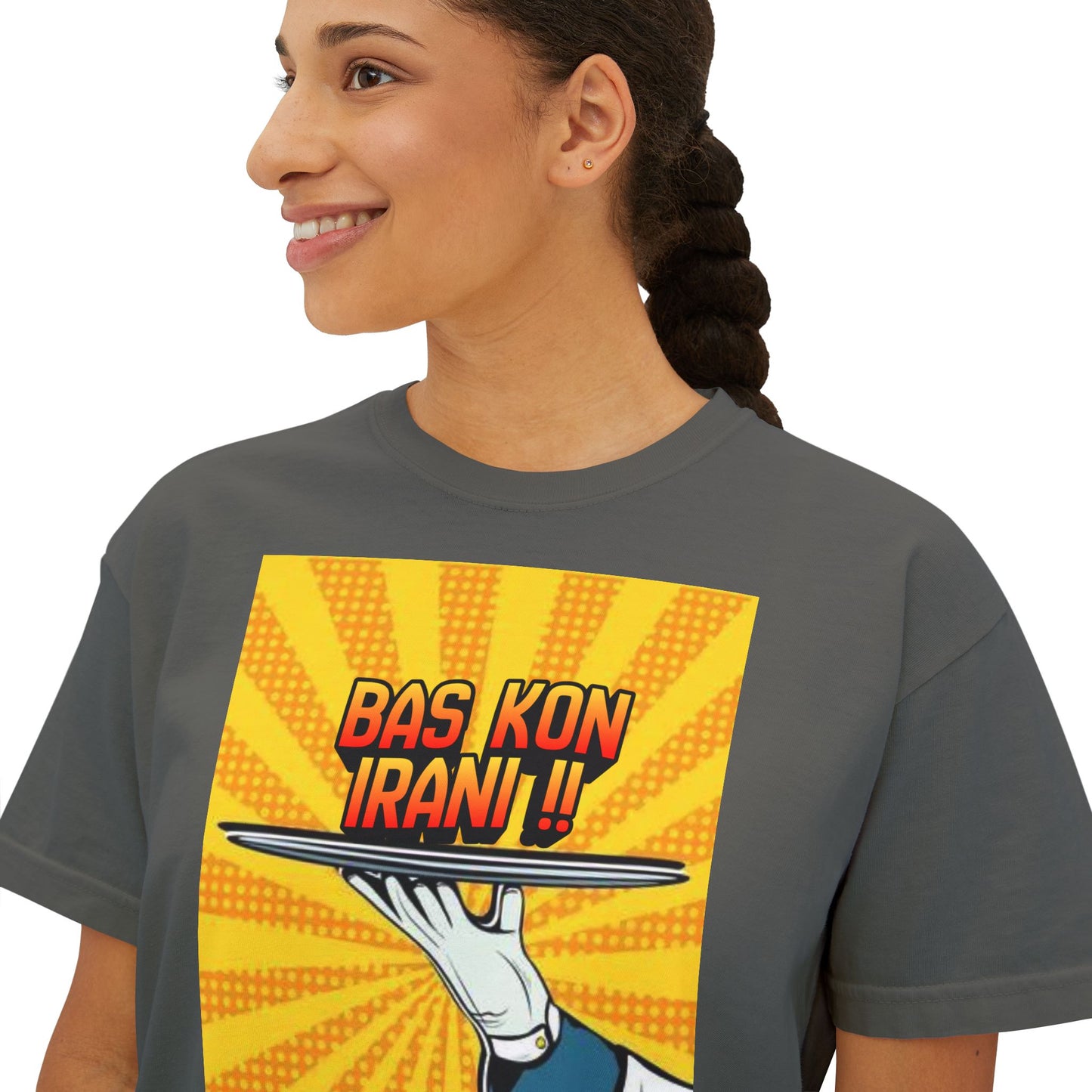 Bas Kon Iran !! / Bas Nakardi?! Graphic Women's Boxy Tee — Retro Pop Art Slogan Shirt