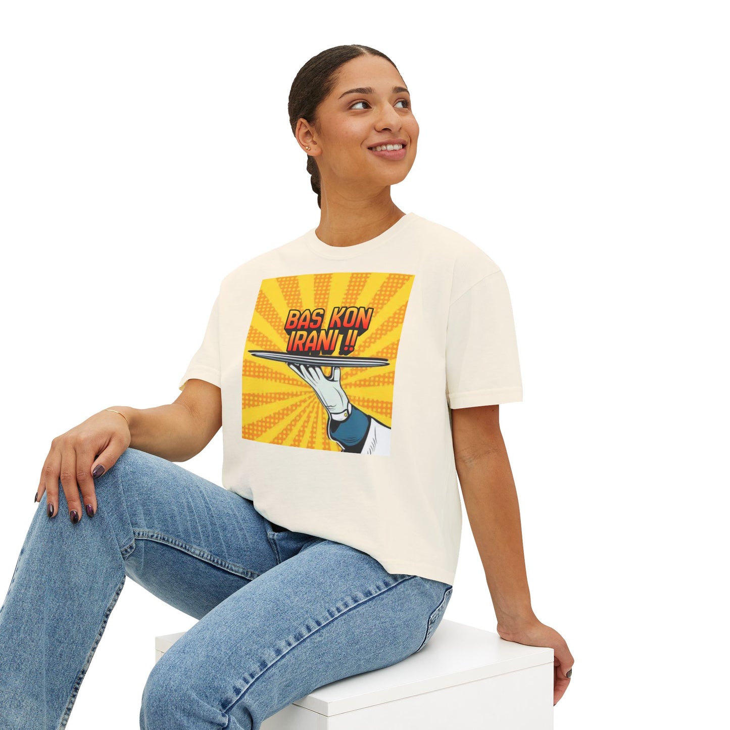 Bas Kon Iran !! / Bas Nakardi?! Graphic Women's Boxy Tee — Retro Pop Art Slogan Shirt