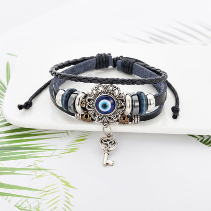 Layered Cowhide Evil Eye Leather Bracelet