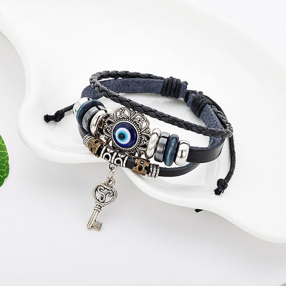 Layered Cowhide Evil Eye Leather Bracelet