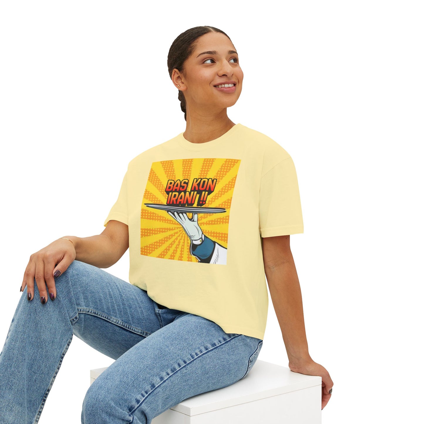 Bas Kon Iran !! / Bas Nakardi?! Graphic Women's Boxy Tee — Retro Pop Art Slogan Shirt