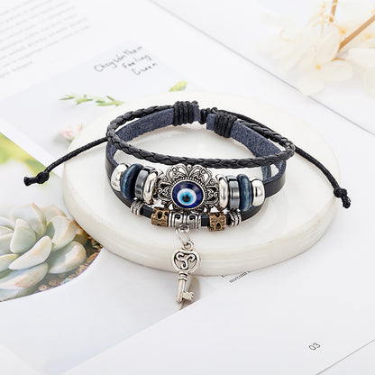 Layered Cowhide Evil Eye Leather Bracelet