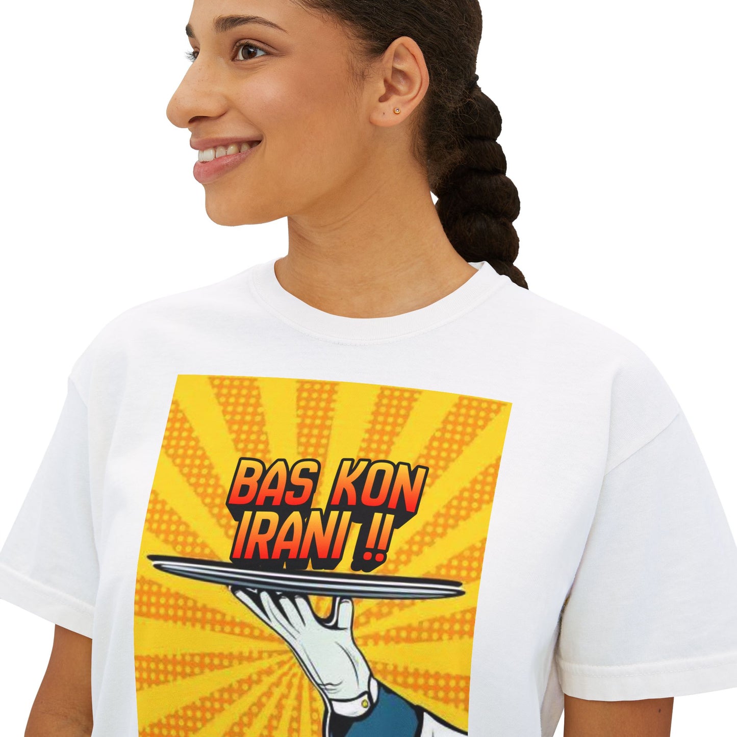 Bas Kon Iran !! / Bas Nakardi?! Graphic Women's Boxy Tee — Retro Pop Art Slogan Shirt
