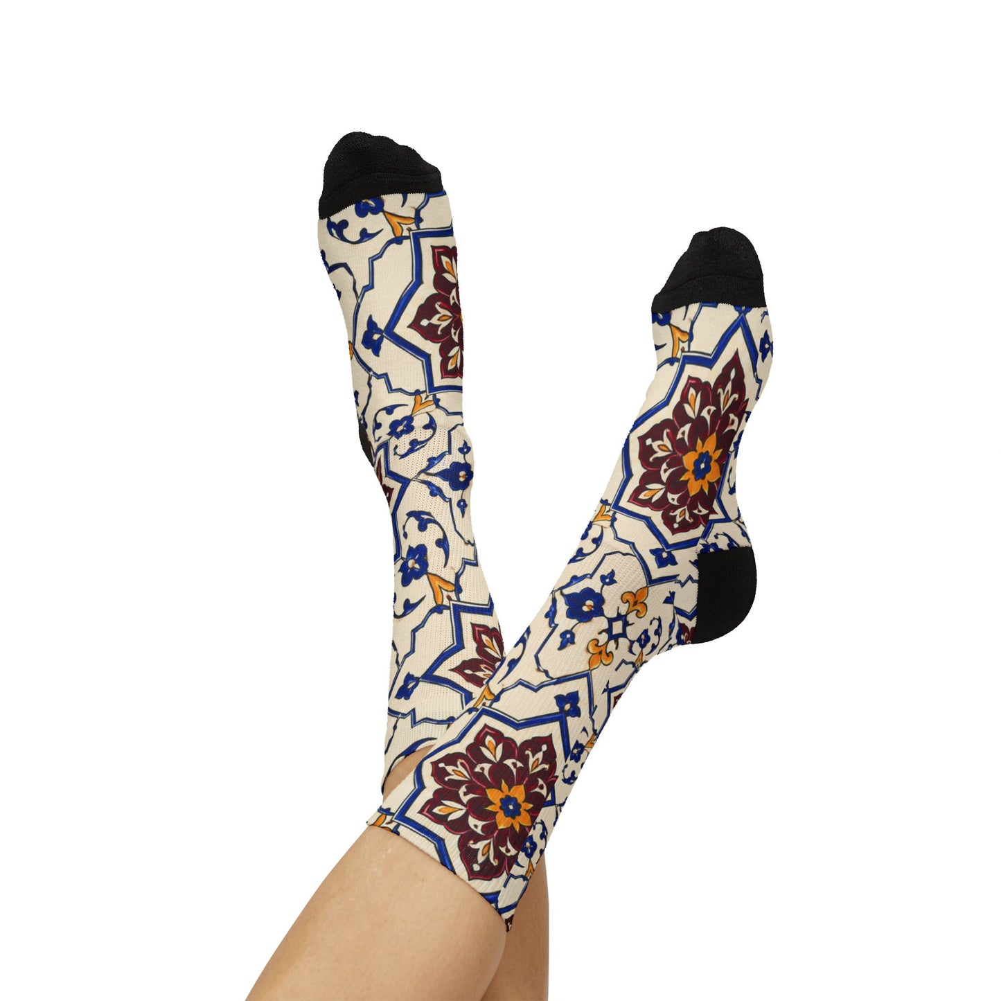 Persian Tile Pattern Crew Socks – Burgundy & Cobalt Iranian Art Socks