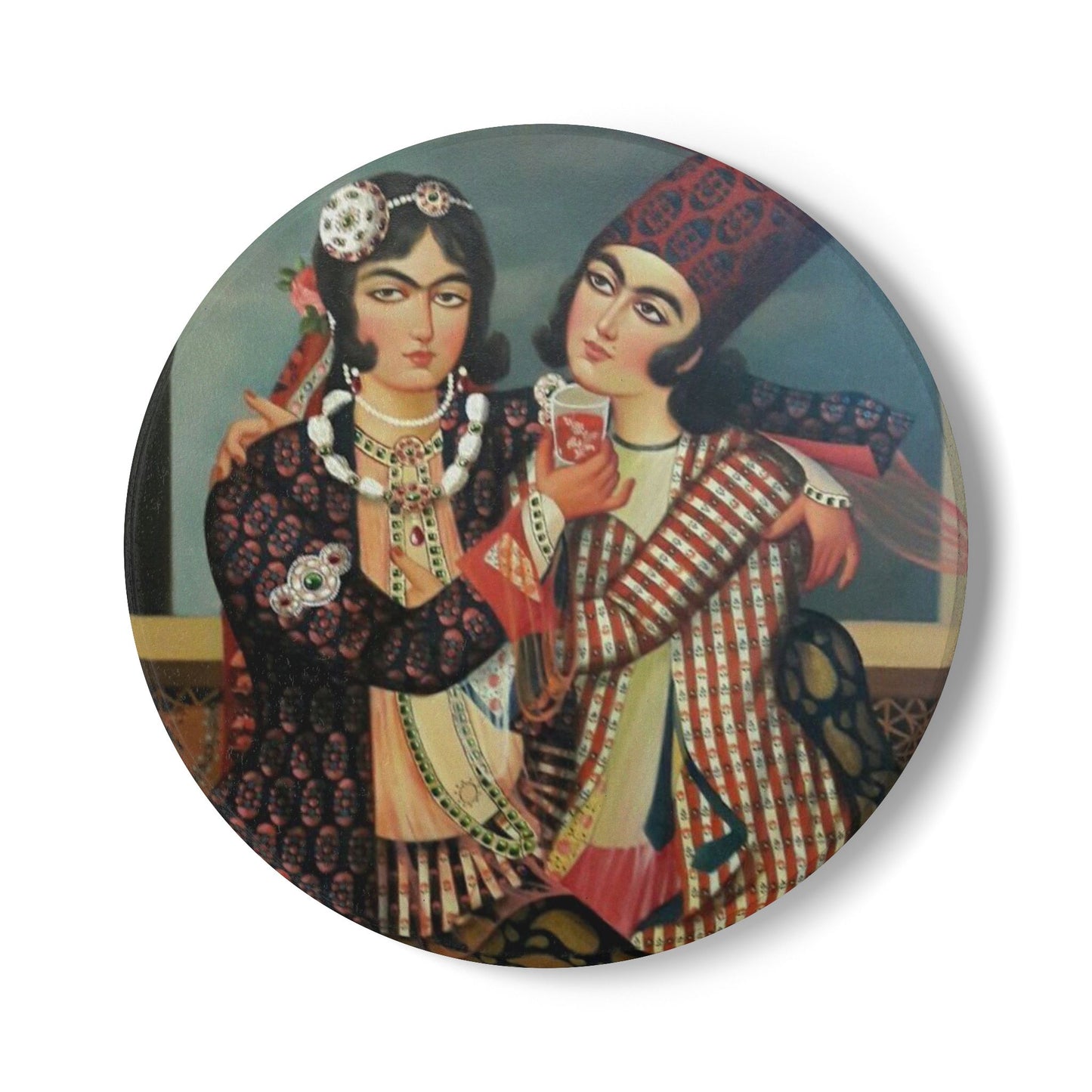 Round decorative plate with a painting of two qajar persian people in traditional attire on a white background