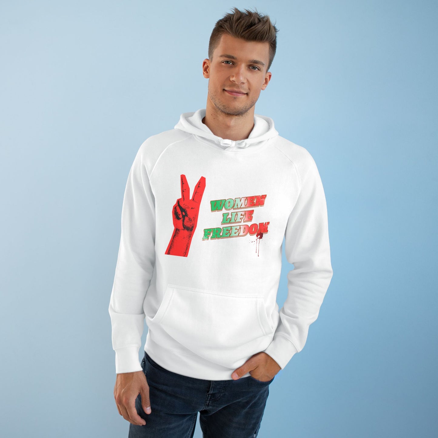 Peace & Freedom Hoodie — Red Victory Hand Graphic with "Now We Are Free" Text
