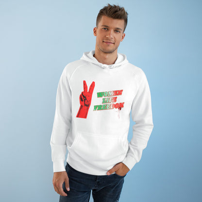 Peace & Freedom Hoodie — Red Victory Hand Graphic with "Now We Are Free" Text