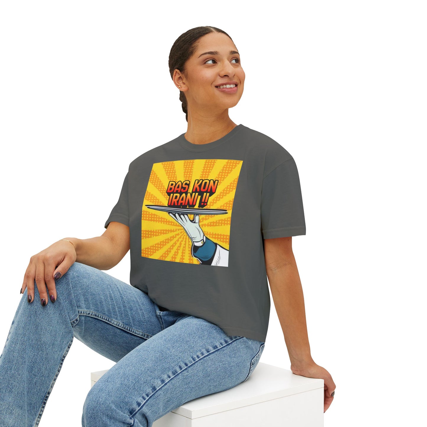 Bas Kon Iran !! / Bas Nakardi?! Graphic Women's Boxy Tee — Retro Pop Art Slogan Shirt