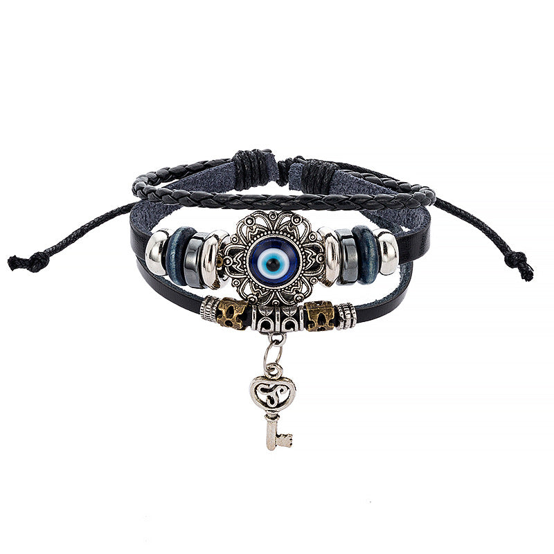 Layered Cowhide Evil Eye Leather Bracelet