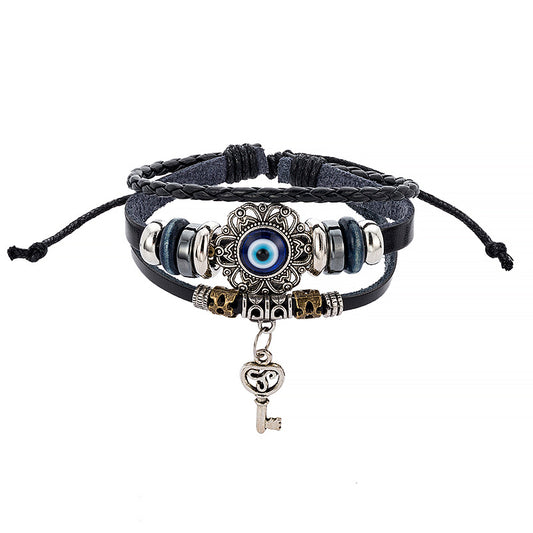 Layered Cowhide Evil Eye Leather Bracelet
