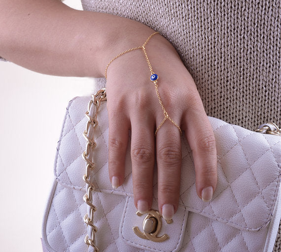 Gold Linked Evil Eye Hand Chain Bracelet